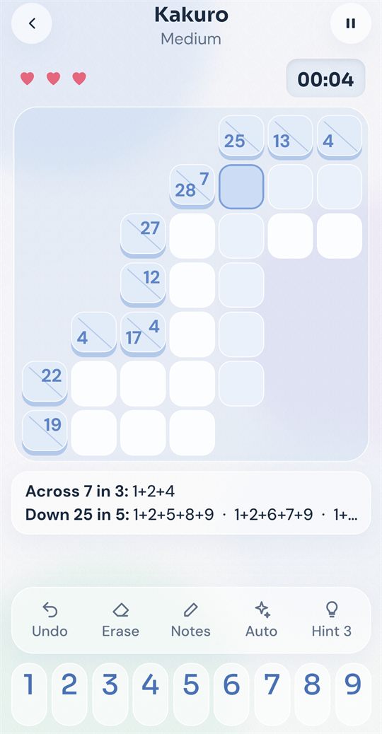 A Kakuro puzzle with raised clue tiles