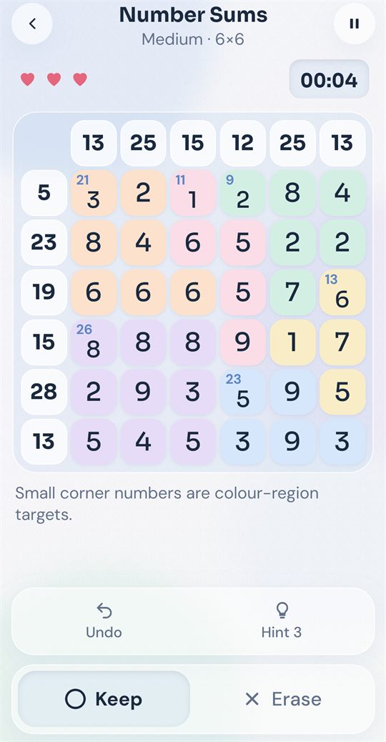 A Number Sums puzzle with coloured regions